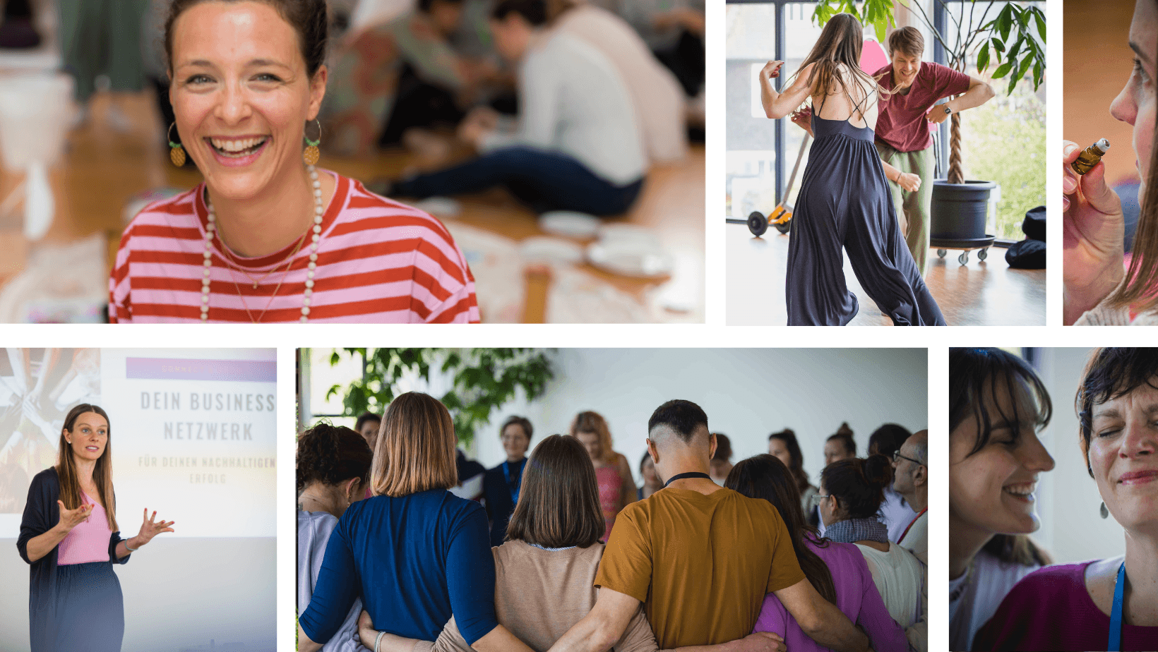 section1 Verschiedene Menschen die lachen, sich umarmen, zuhören udn lernen, sich austauschen sind zu sehen